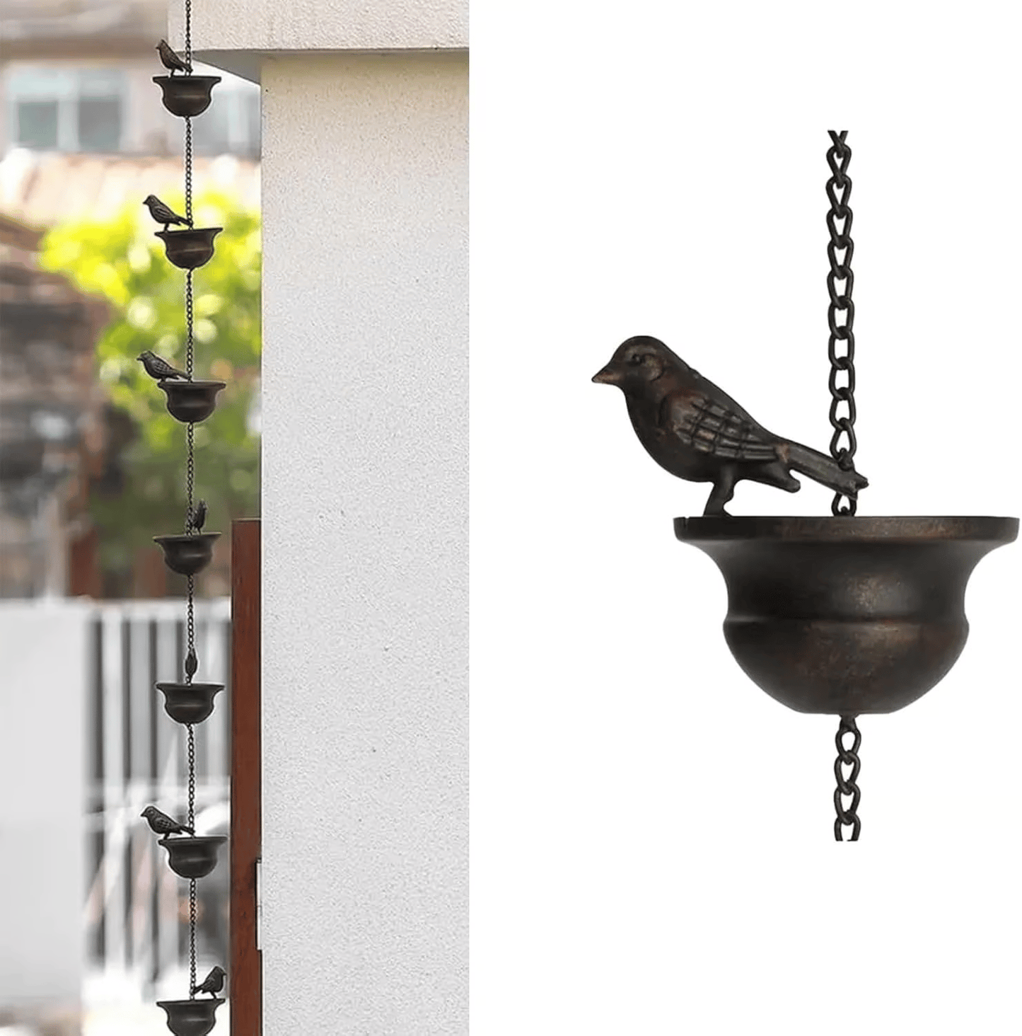 Waar regen kunst ontmoet - Decoratieve regenketting met vogelbad ontwerp