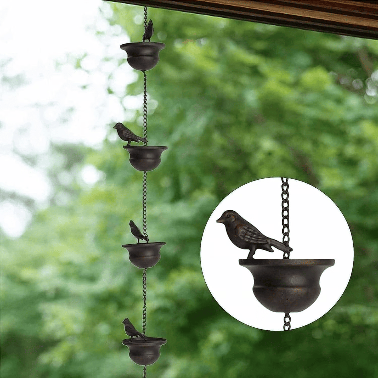 Waar regen kunst ontmoet - Decoratieve regenketting met vogelbad ontwerp