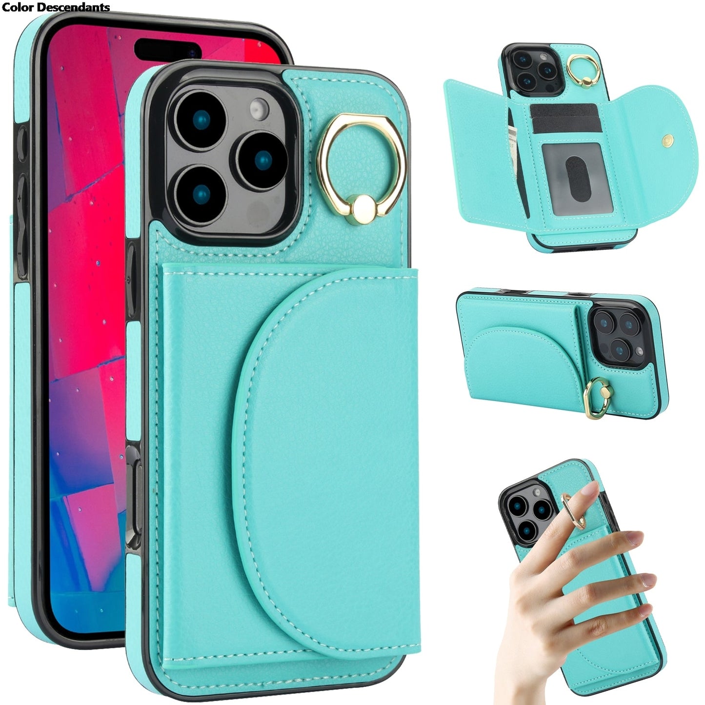 Skórzane etui z uchwytem na pierścionek / etui z podstawką do iPhone'a 17 Pro Max z miejscem na kartę