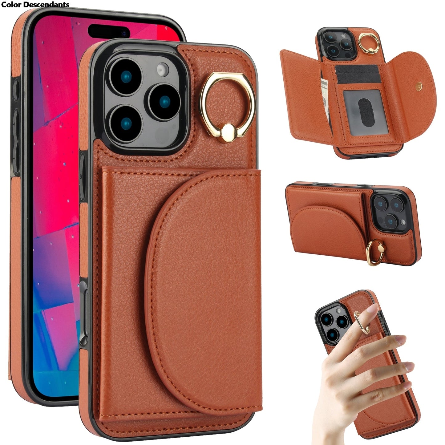Skórzane etui z uchwytem na pierścionek / etui z podstawką do iPhone'a 17 Pro Max z miejscem na kartę