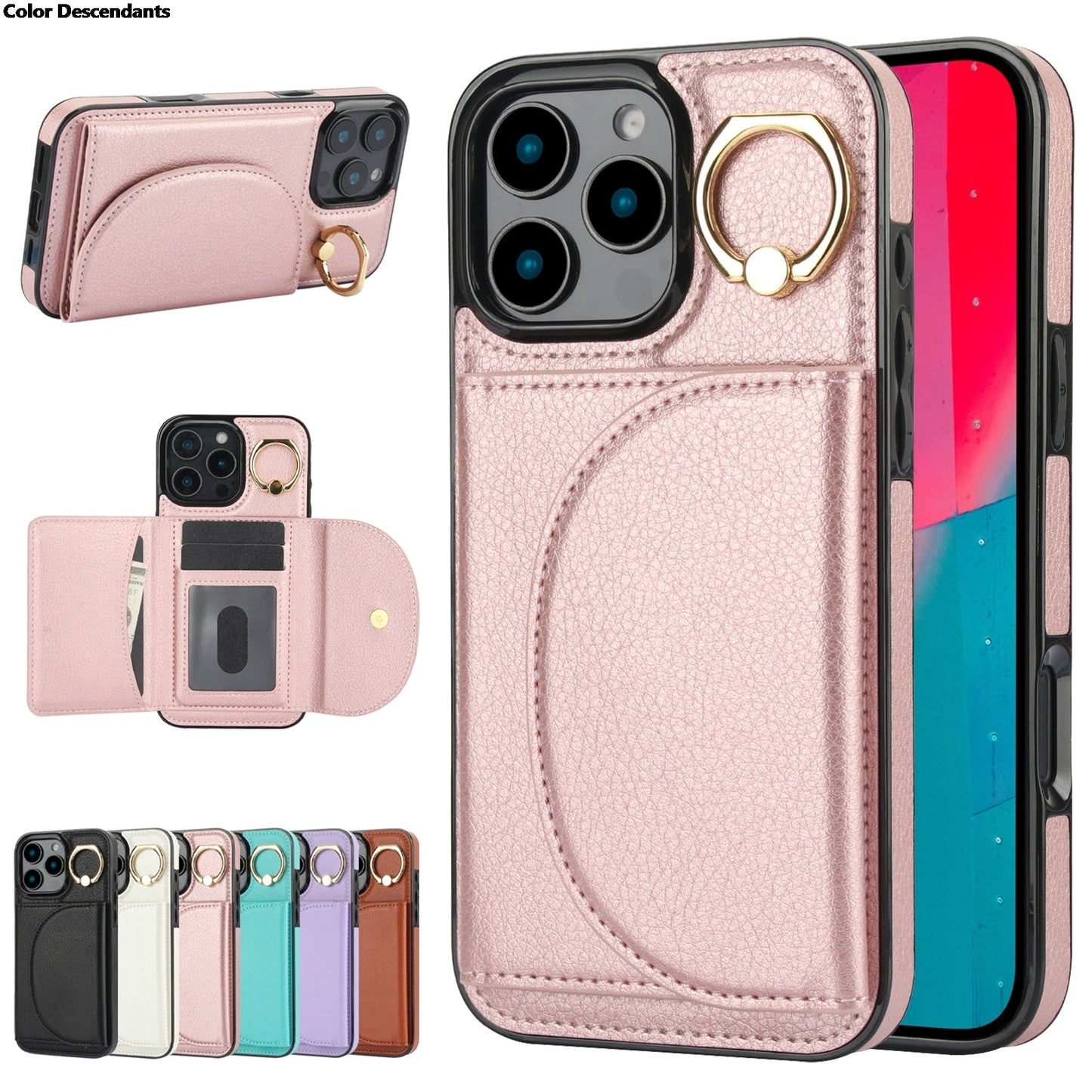 Skórzane etui z uchwytem na pierścionek / etui z podstawką do iPhone'a 17 Pro Max z miejscem na kartę