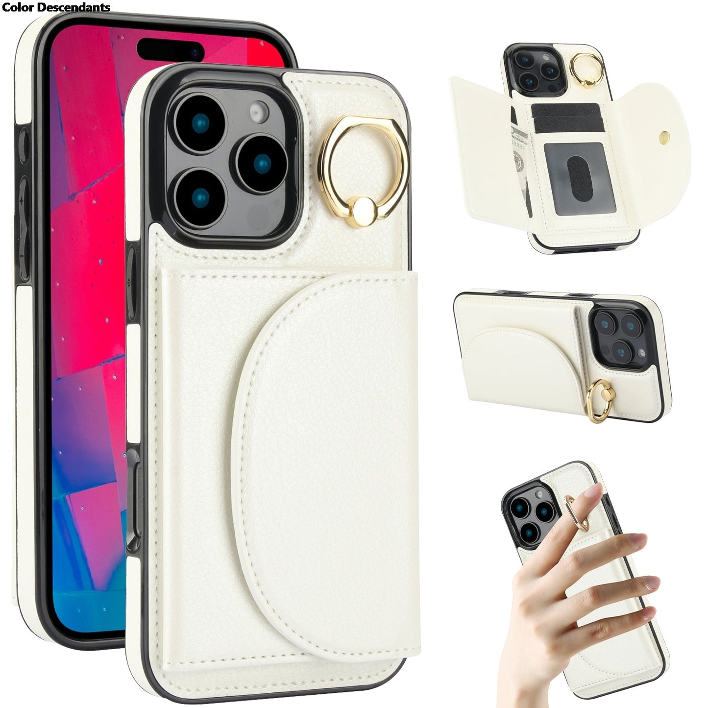 Skórzane etui z uchwytem na pierścionek / etui z podstawką do iPhone'a 17 Pro Max z miejscem na kartę