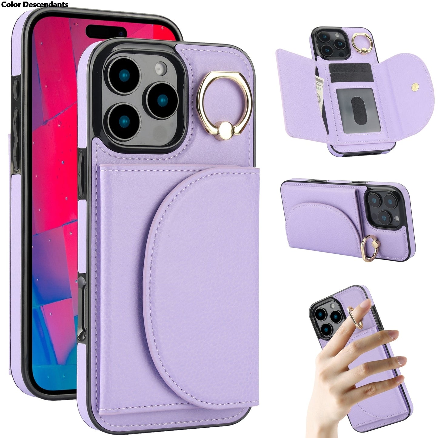 Skórzane etui z uchwytem na pierścionek / etui z podstawką do iPhone'a 17 Pro Max z miejscem na kartę
