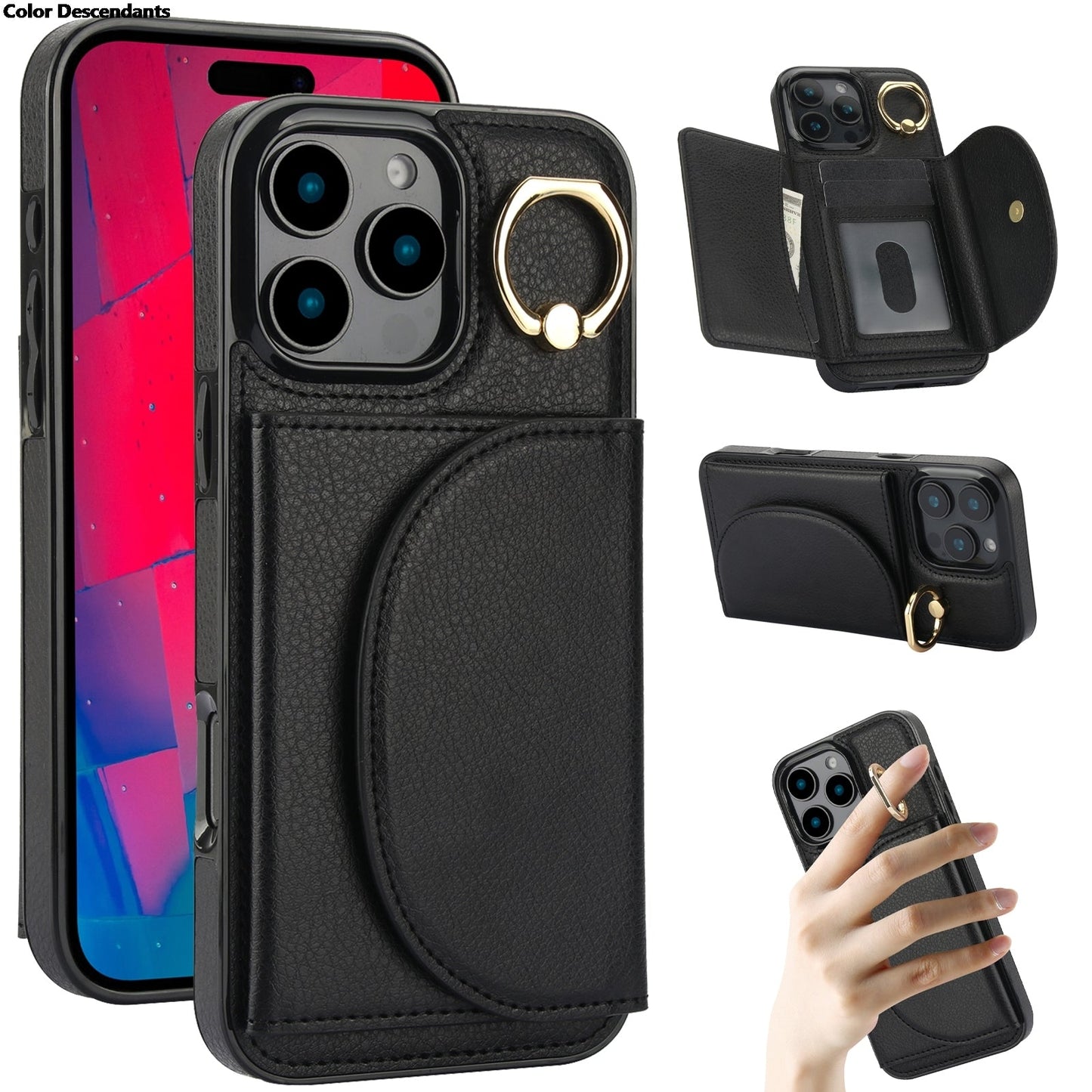 Skórzane etui z uchwytem na pierścionek / etui z podstawką do iPhone'a 17 Pro Max z miejscem na kartę