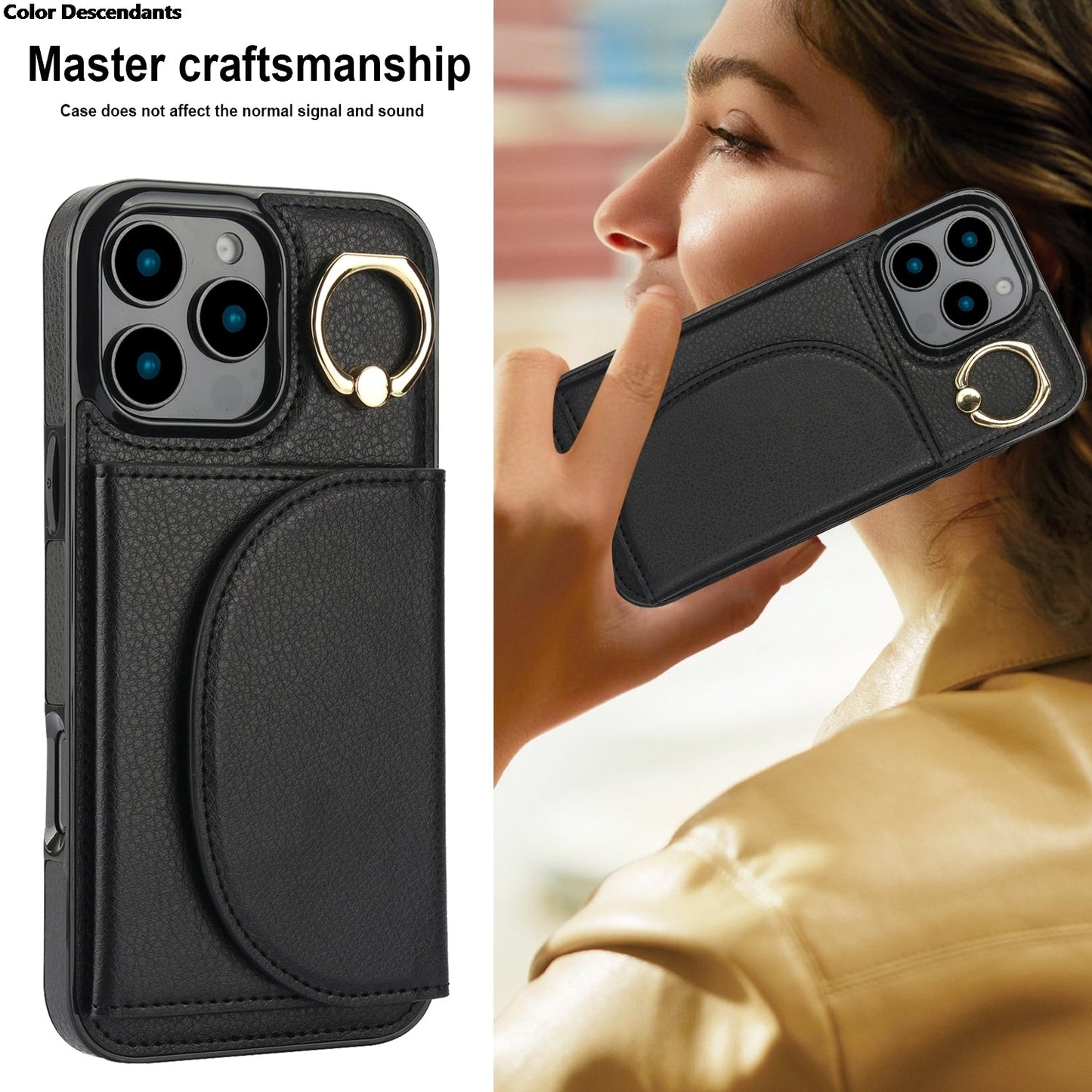 Skórzane etui z uchwytem na pierścionek / etui z podstawką do iPhone'a 17 Pro Max z miejscem na kartę