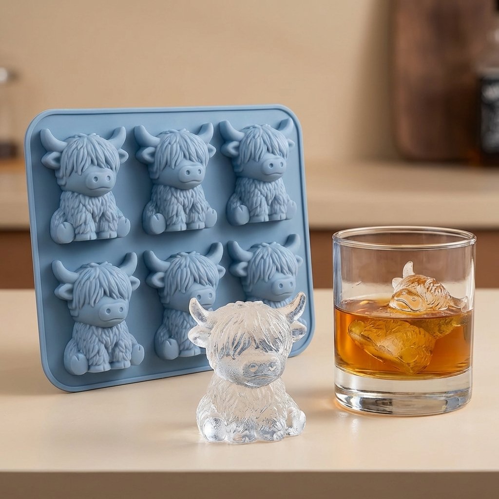 🐮 Miniaturowa foremka do lodu w kształcie krowy szkockiej – uroczy lód 3D do napojów, na imprezy i prezenty