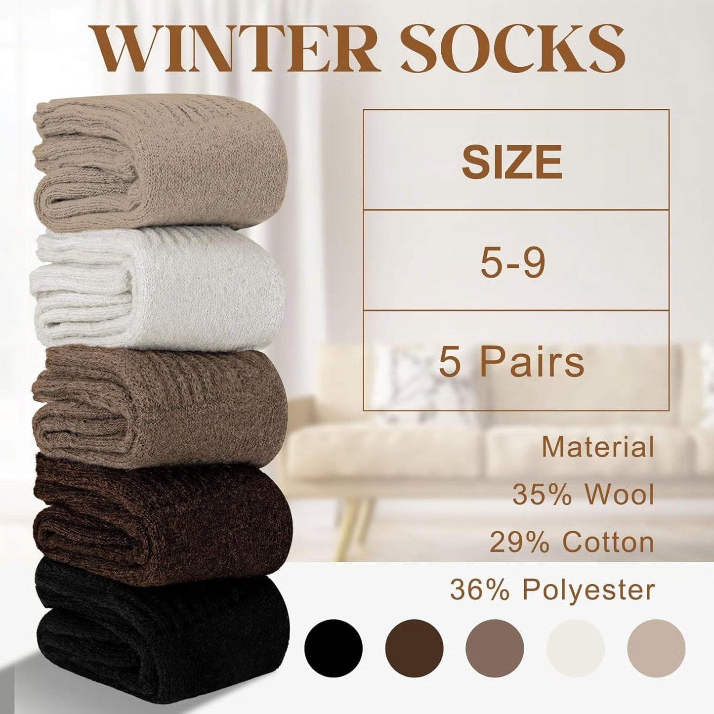 🧦5 paar wollen sokken voor dames - warme, halfhoge sokken