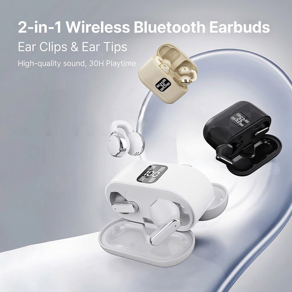 Bezprzewodowe słuchawki Bluetooth 2 w 1 z klipsami do uszu i zatyczkami do uszu | 30 godzin odtwarzania