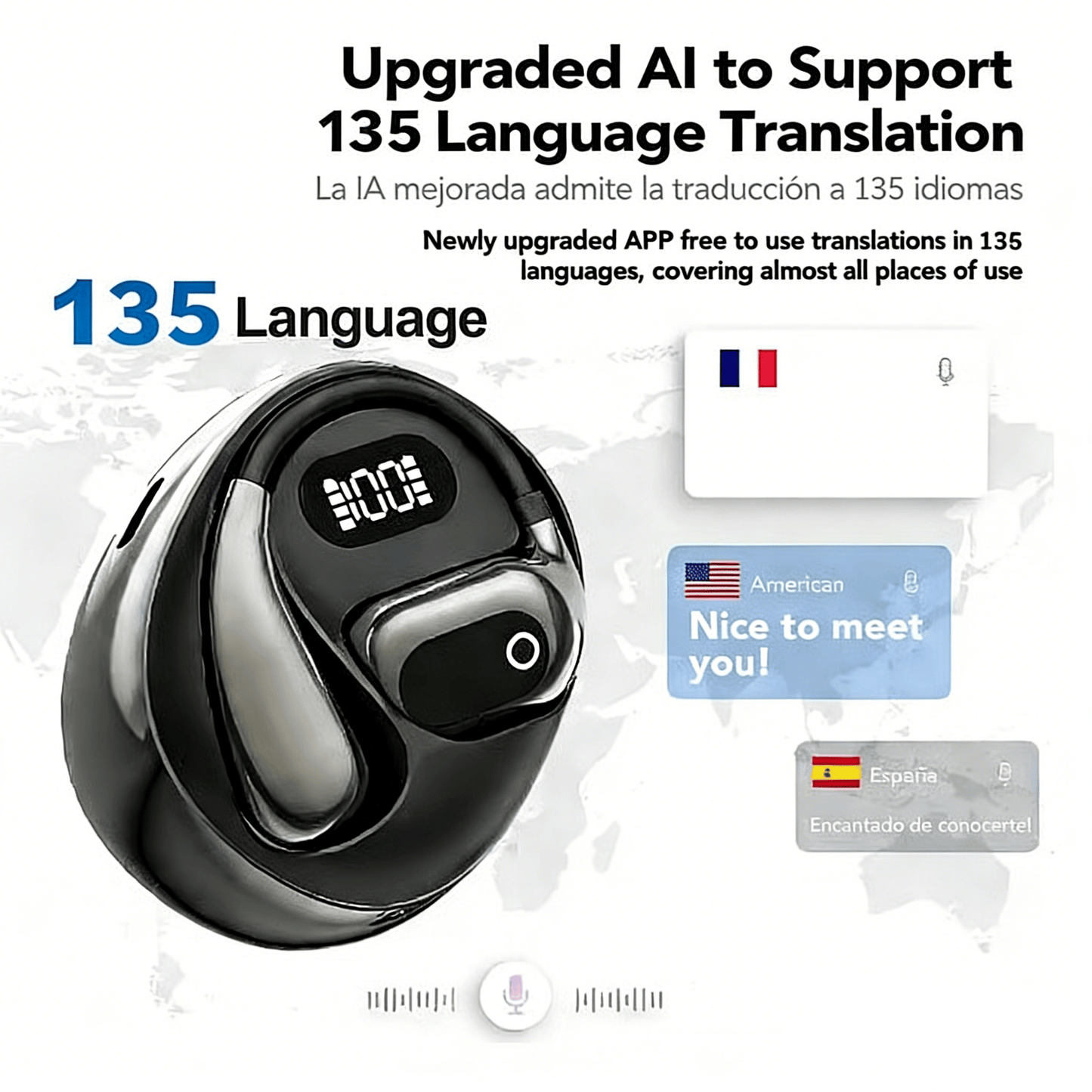 Słuchawki do tłumaczeń MS190, obsługa tłumaczeń w czasie rzeczywistym w 135 językach za pomocą aplikacji, słuchawki Bluetooth 5.
