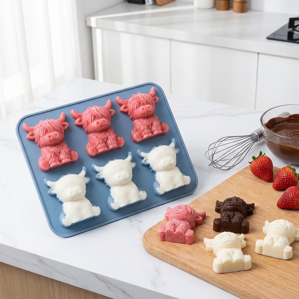 🐮 Miniaturowa foremka do lodu w kształcie krowy szkockiej – uroczy lód 3D do napojów, na imprezy i prezenty