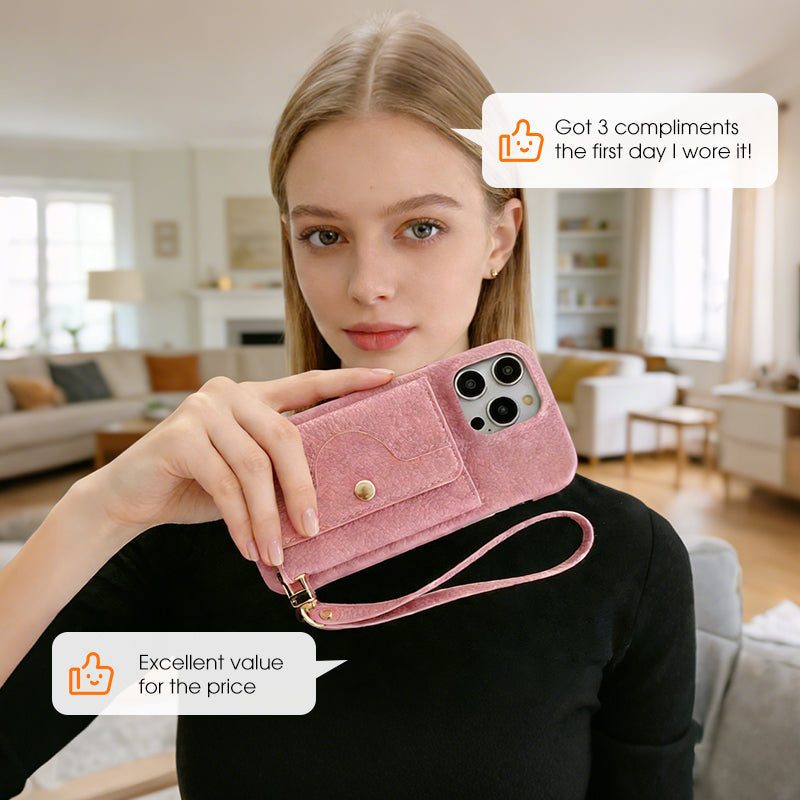 🔥Różowe etui ochronne na telefon z lusterkiem i paskiem na nadgarstek